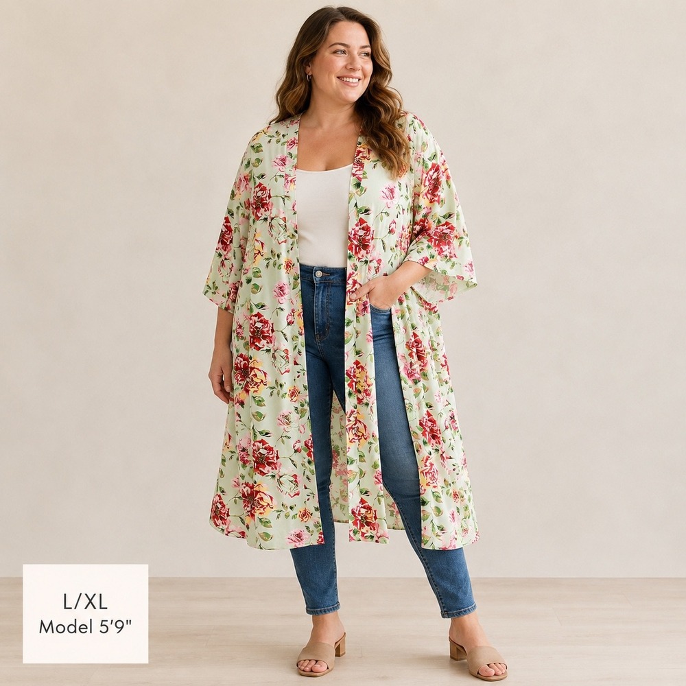 Pioneer Woman L XL Rose Floral Kimono Duster Cottagecore Romantic Resort Boho
